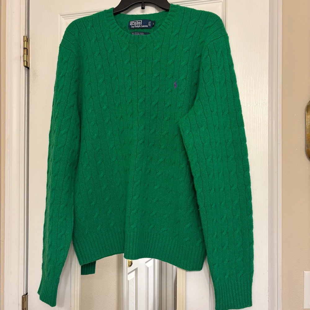 VTG Polo Ralph Lauren Large Merino Wool Angora Rabbit Green Cable Knit Sweater